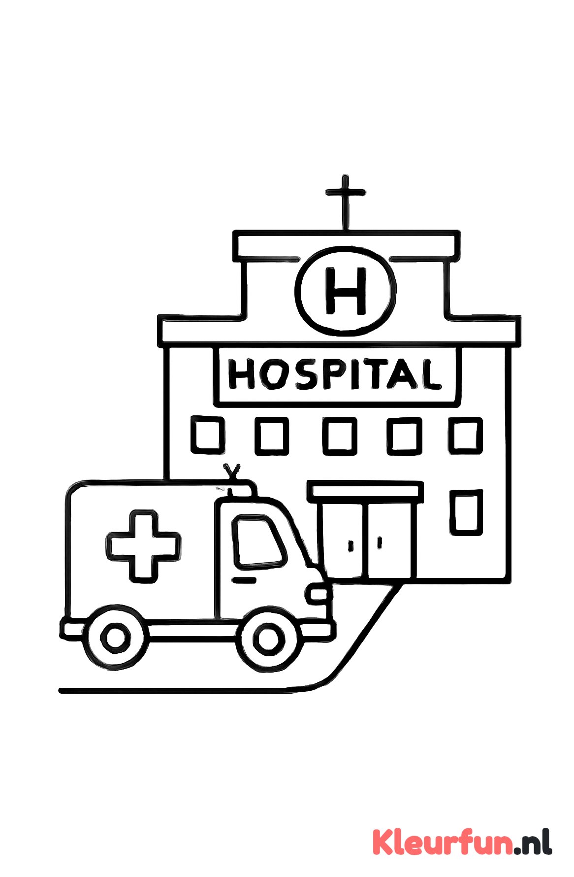Ziekenhuis met ambulance op oprit