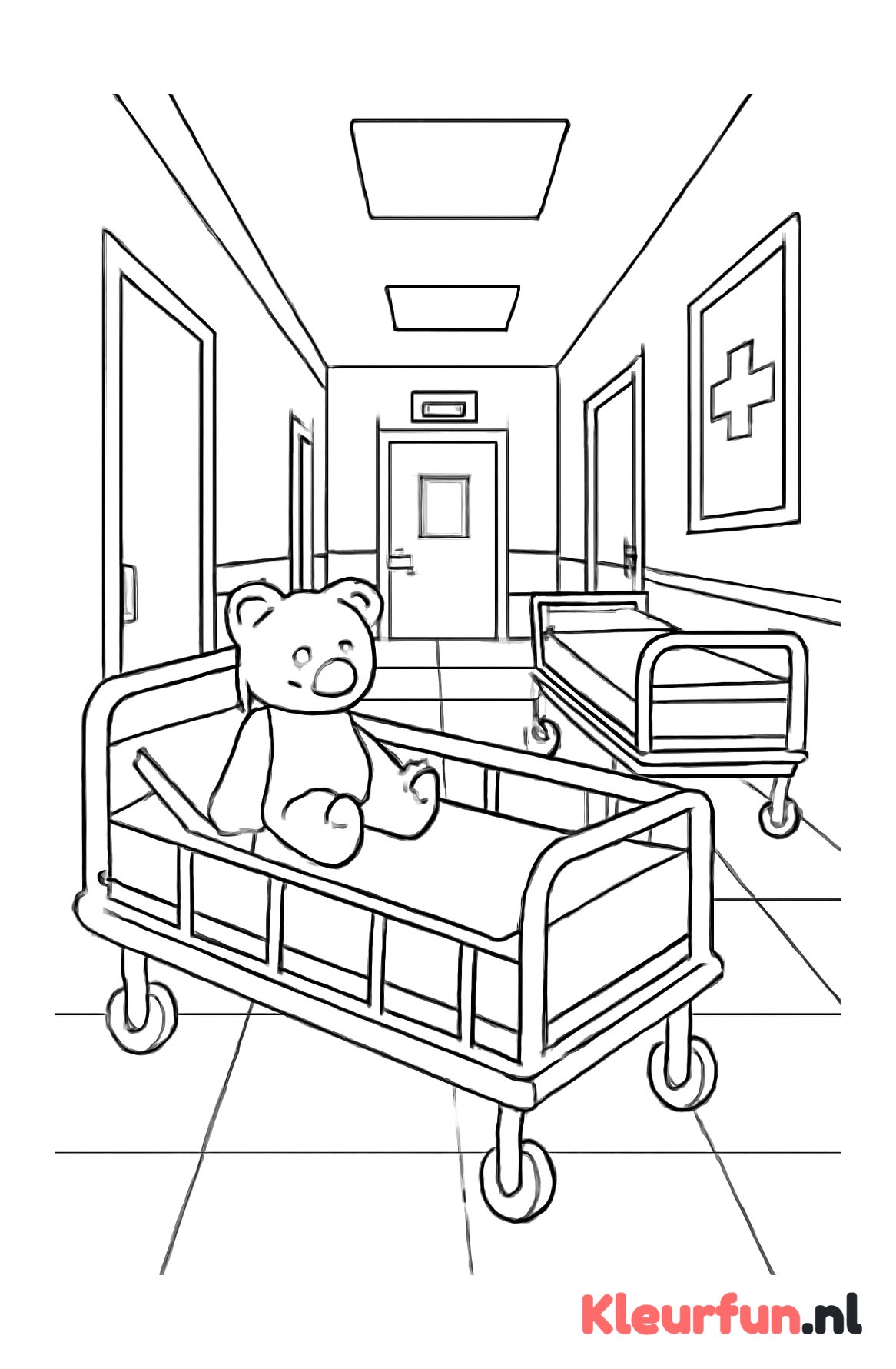Ziekenhuisgang met teddybeer en ziekenhuisbed